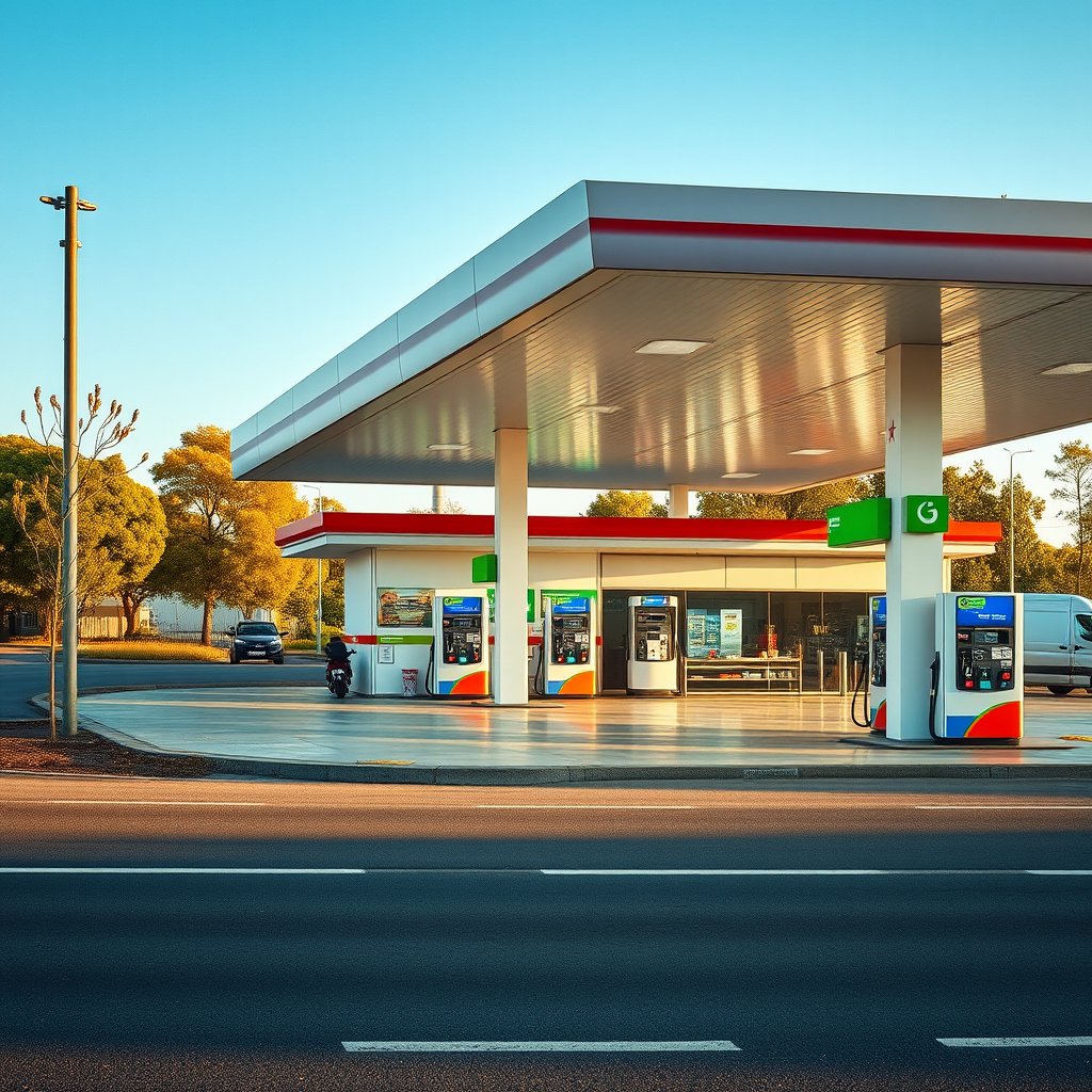 Estación de servicio moderna con instalaciones limpias y amplias en una ruta argentina, con surtidores de combustible y tienda de conveniencia