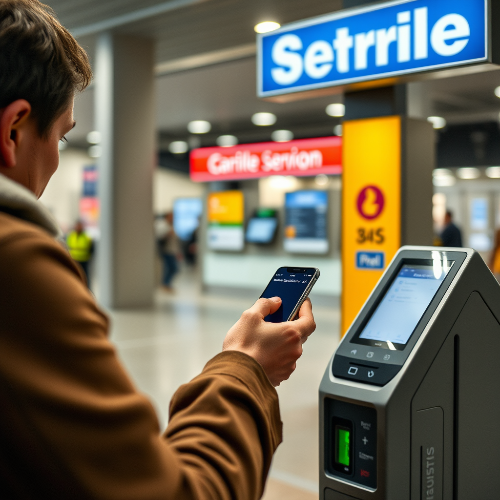 Persona usando smartphone para realizar pago contactless en una estación de servicio moderna con tecnología digital y aplicaciones móviles